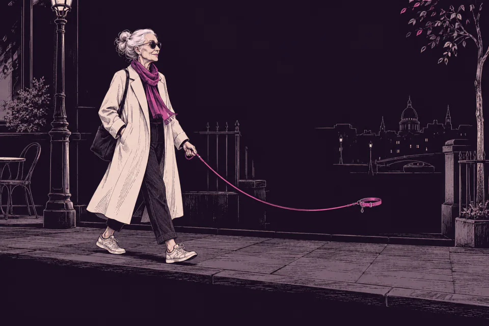 Ink drawing of an older woman walking through the city, her magenta leash ending at an empty floating collar.
