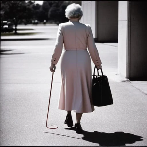 A silver-haired woman walks away along a city sidewalk, holding an empty leash beside her.