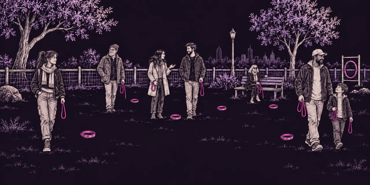 Ink drawing of an off-leash invisible-dog park with a child, teenager, young adults, and older men and women. They carry loose leashes while empty collars float freely nearby.