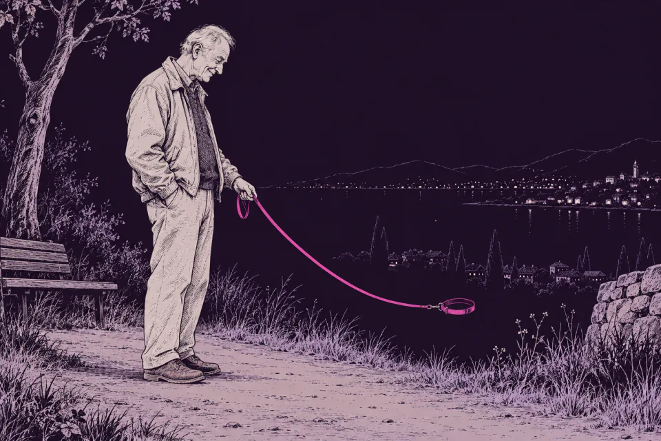 Ink drawing of an older man patiently walking an invisible dog along a quiet path.