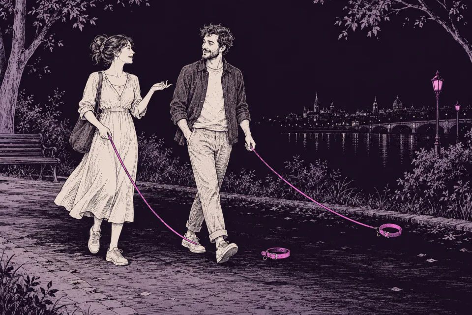 Ink drawing of a young woman and man walking together, their leashes attached to empty floating collars.